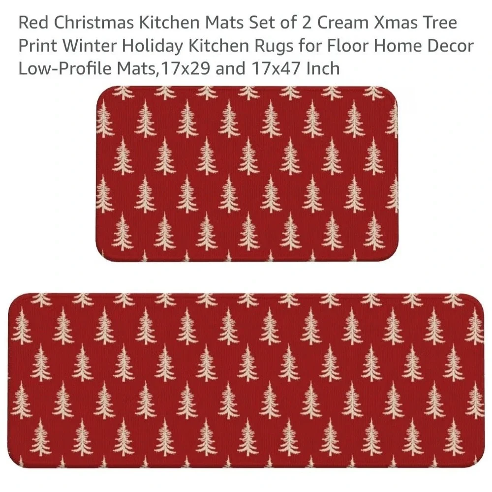 Christmas Kitchen Mat Set Of 2 With Christmas Trees Red Christmas Mat Set
